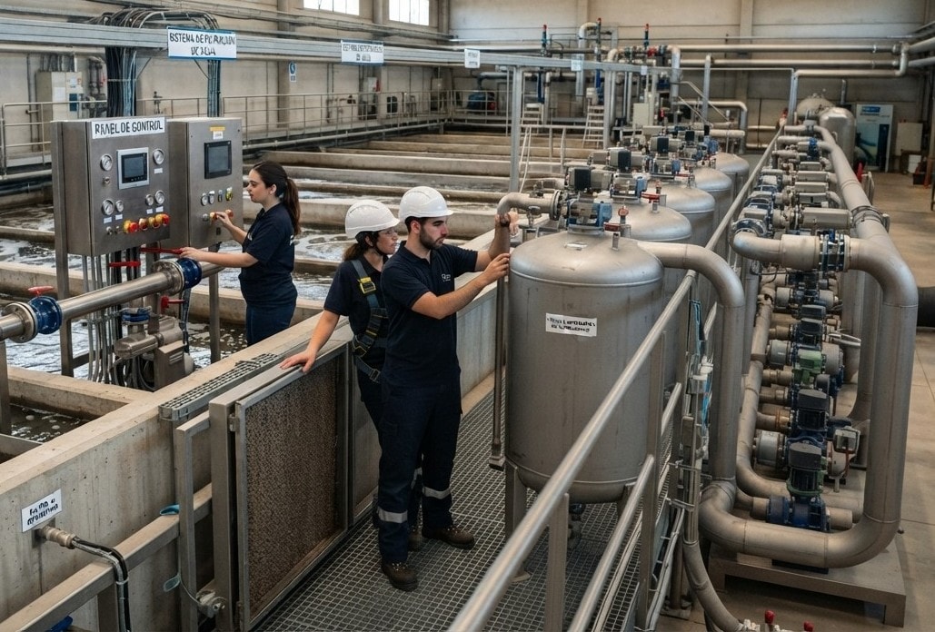 Técnicos operando planta de tratamiento de agua